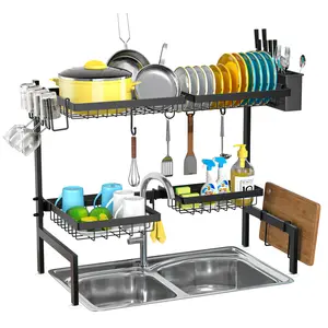 Over The Sink Dish Drying Rack - 2 Tier 4 Baskets, 24.8"-35.4" Size, Large Storage Organizer for Cooking Utensils, Modern Design - Organization
