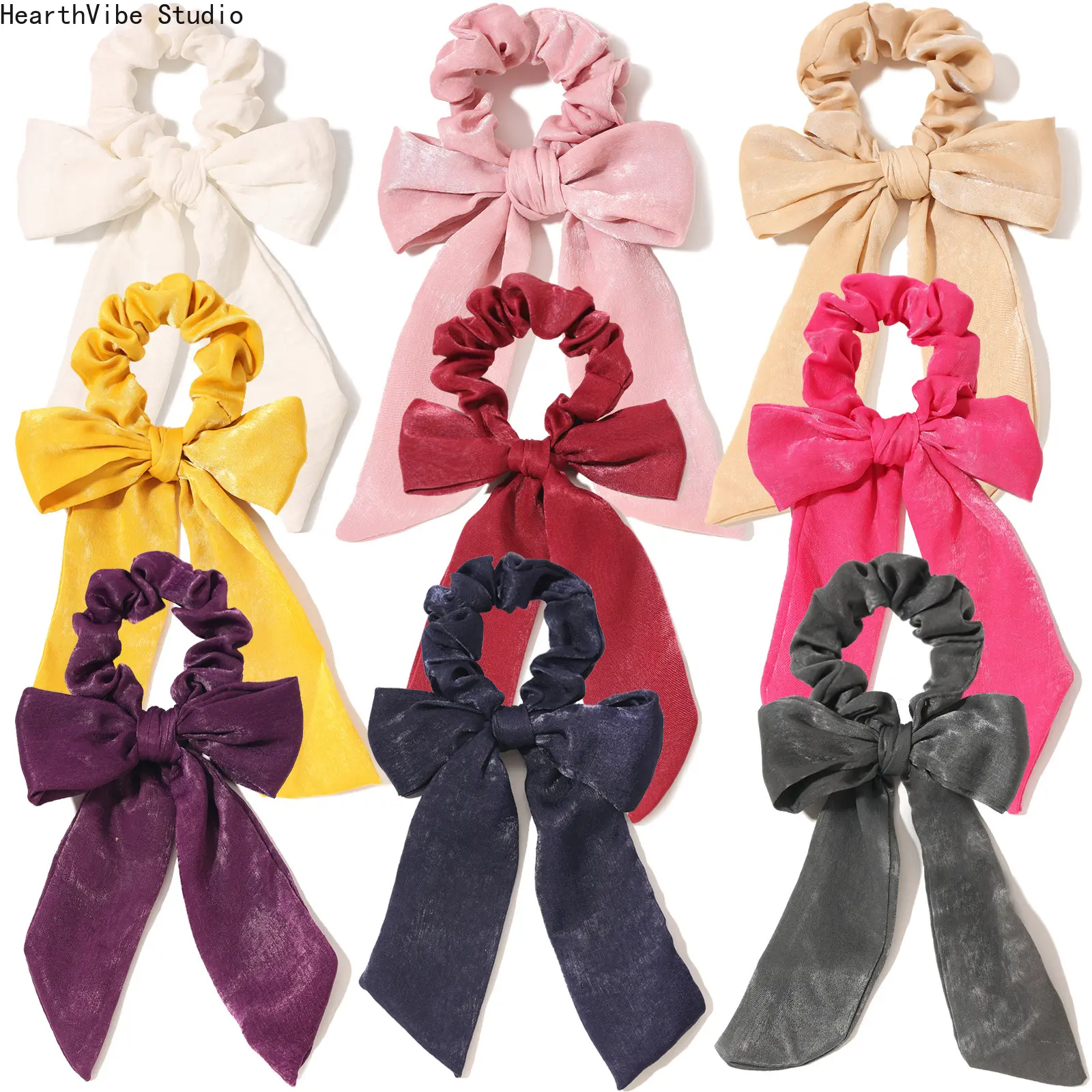 Retro-Style Crinkled Satin Faux Silk Scrunchie - Detachable Sports Hair Accessory with Bowknot, Streamers, Purple, Red Bow, Yellow Options (Sports & Outdoor Headband Accessory), Purple Hair Accessories