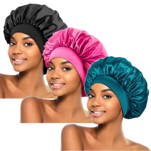 3pcs Women's Multi-Color Satin Wide Brim Sleep Cap Elastic Wide Band Hair Wrap Cap for Curly Hair Shower Cap