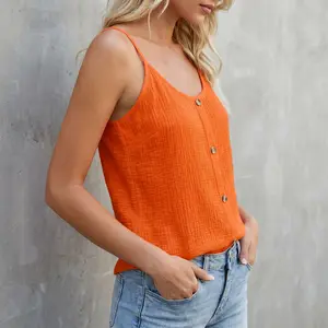 Women's Summer Solid Color Camisole Tank Top Button Down Design Sleeveless Base Layer Casual Slim Fit Inner Wear Vest