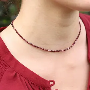 Natural Red Crystal Gemstone 2mm Faceted Bead Tiny Garnet Beaded Dainty Simple Choker Necklace, Healing Protection Calming Necklace