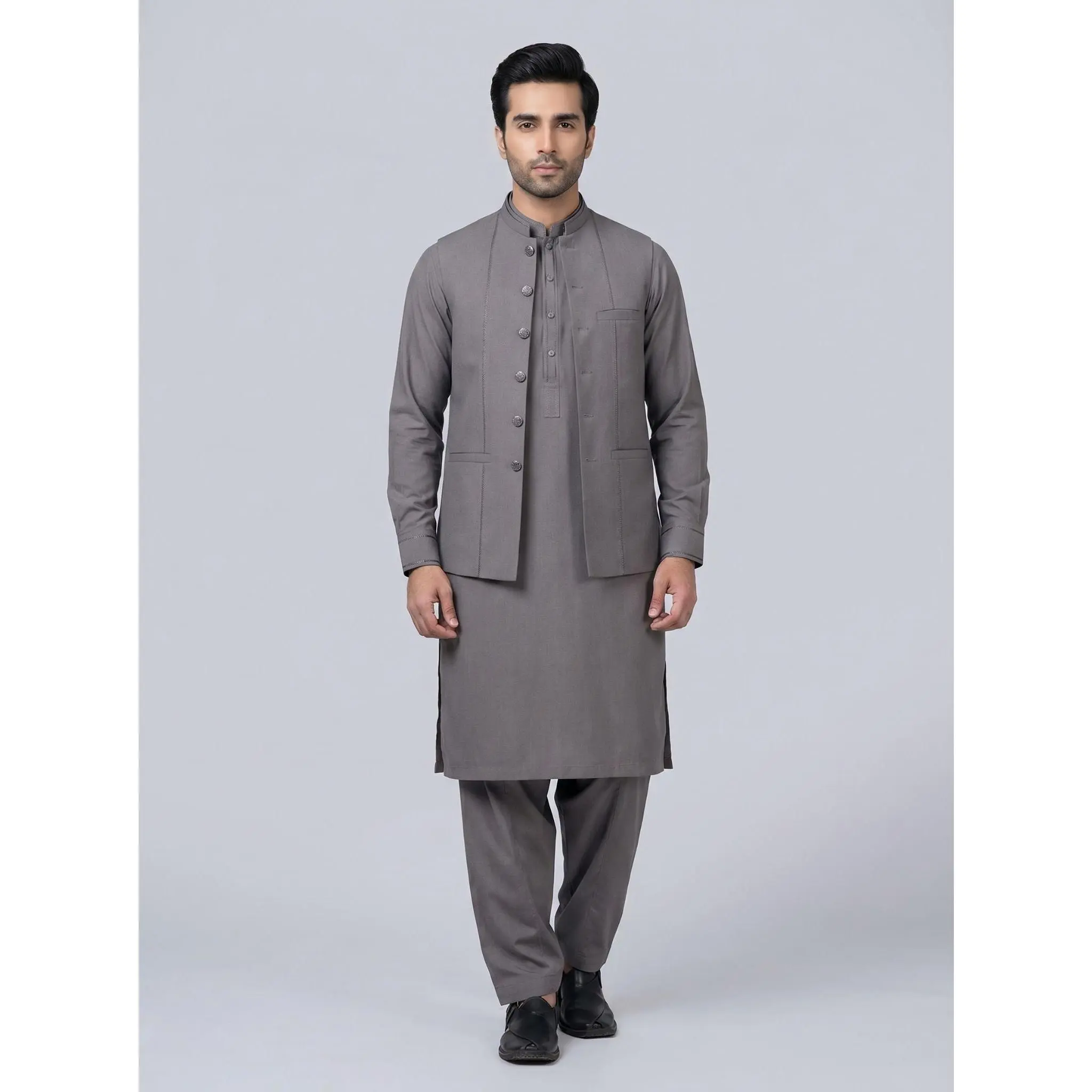 Men's 3-Piece Wash-and-Wear Qameez Shalwar Set with Matching Waistcoat, Long Sleeve Mens Clothing, Tropical Fabric, Coordinated Men's Suits