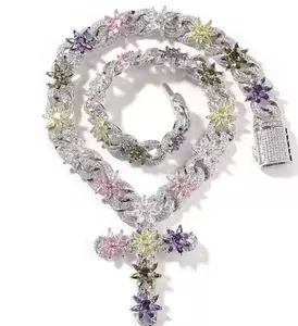 M2-2125 Niche Design Cross Necklace, Colorful Ice Flower Pattern, Unisex Zircon-Inlaid Hip Hop Jewelry, Winter Trendy Accessory Complimentary shipping