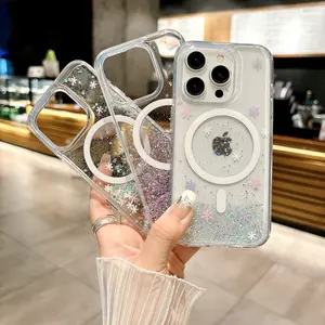 For iPhone 15 Pro Max, iPhone 15 Pro,  - Epoxy Glitter Magnetic Case, Flowing Liquid Glitter, Silver Foil Phone Case
