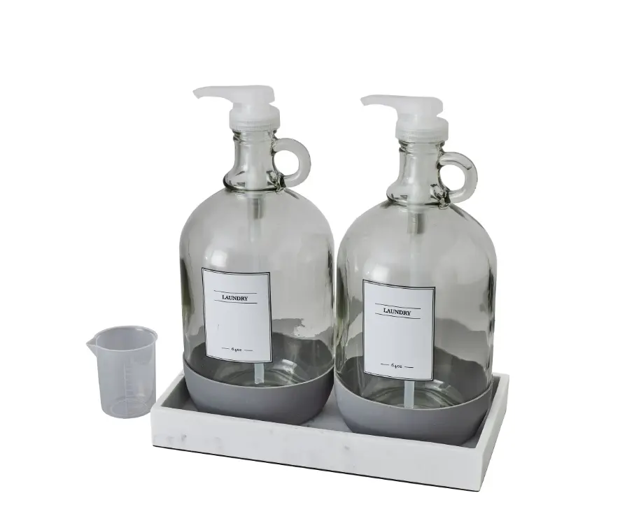 128 fl oz Laundry Detergent Dispenser Set 4-Piece Glass & Resin Refillable Bottles with Pump Tops for Easy Dispensing and Laundry Room Organization