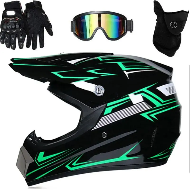 Matte Black DOT-Certified Adult Full Face Dirt Bike Helmet Set with ABS, EPS Foam, Ventilation Holes, Goggles, Gloves, Face Mask - Adults' Anti-Injury Protective Gear for ATV, Dirt Bike Riding