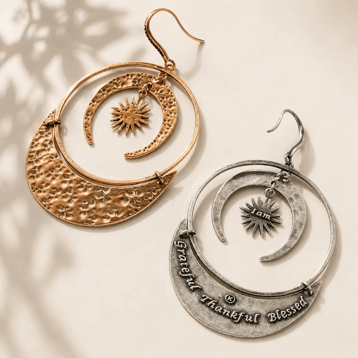 Grateful Thankful Blessed Moon & Star Earrings  Pierced Jewelry Celestial Drop Chandelier