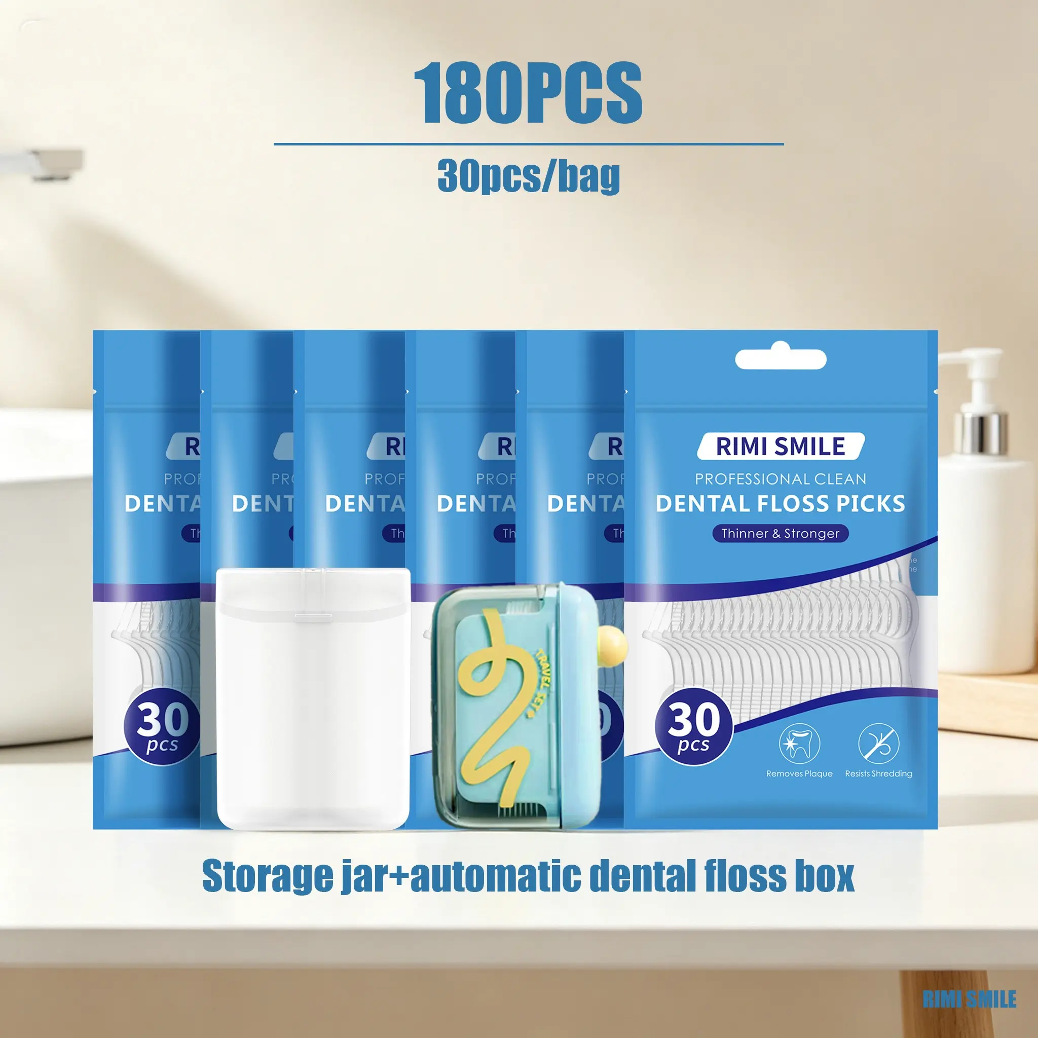 180 Count Dental Floss Sticks with Automatic Dispenser and Storage Jar, Disposable Interdental Cleaning Sticks, Sealed Travel Bag for Oral Care