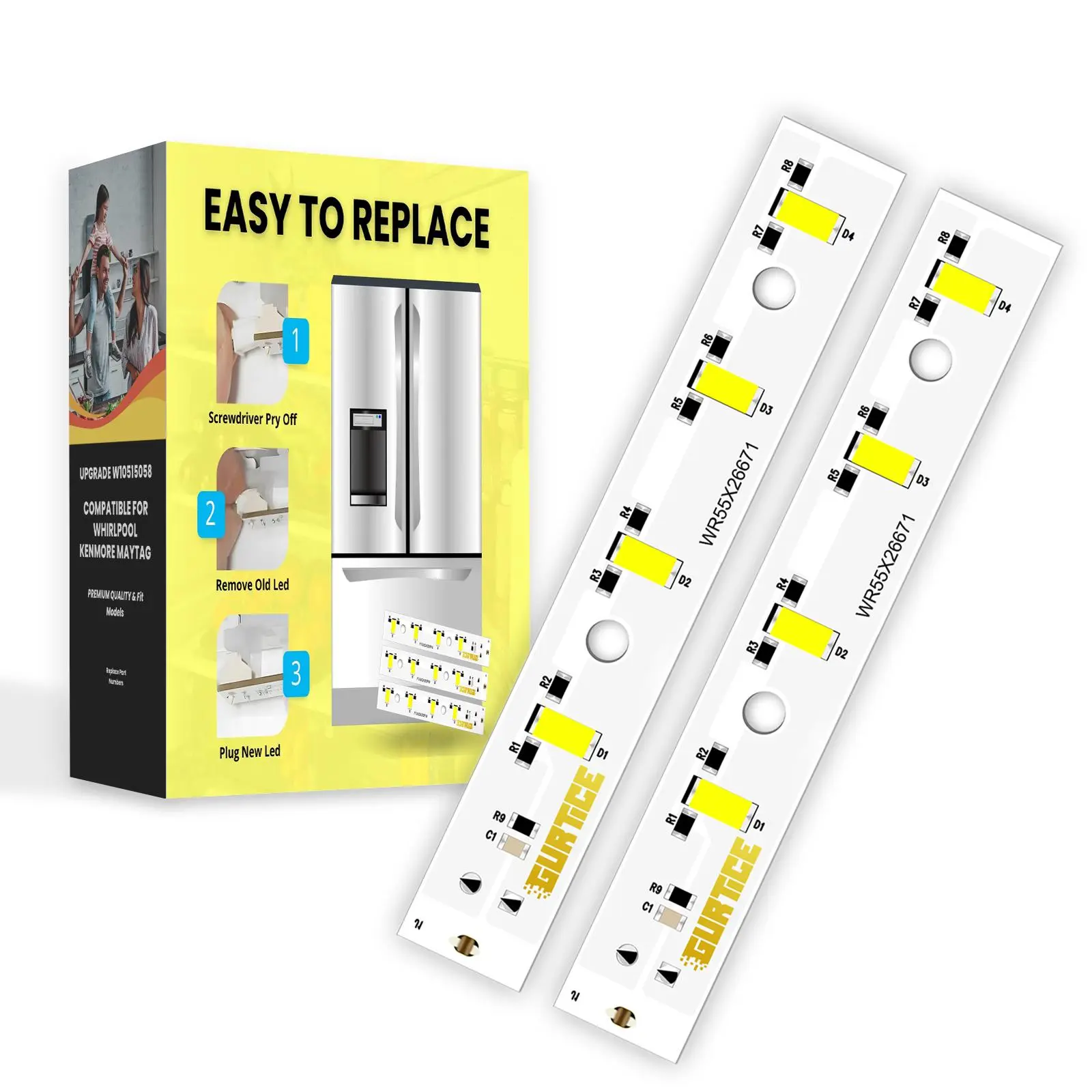 New Upgraded 2 Pack Premium LED Light Board for GE Refrigerator (30,000hrs Longer Service Time, 4 High Brightness LEDs Per Board, GSE25GSHJCSS Compatible) - WR55X26671, PS11767930, AP6035586, 4468532, EAP11767930, LED3344588, Replacement, Two Pac Bulb