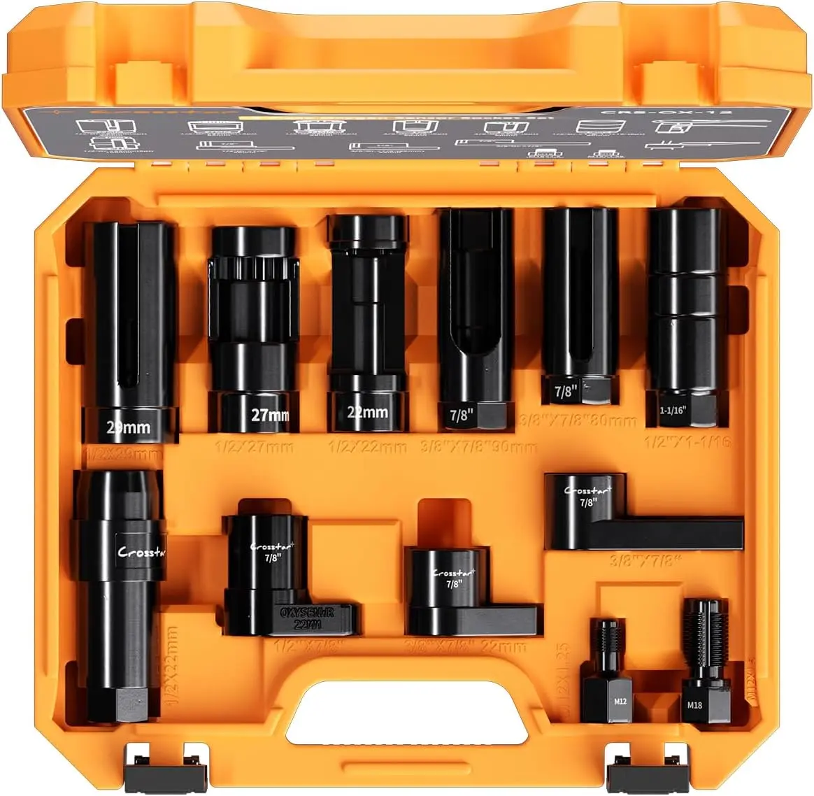 Crosstar 12Pcs Forged Alloy Oxygen Socket Wrench & Thread Chaser Set - 1/2"-3/8" Drive, Multi-Size Sockets (22mm/7/8",27mm,1-1/16"), Sensor Repair Tool for Oil Pressure, Vacuum Sensors