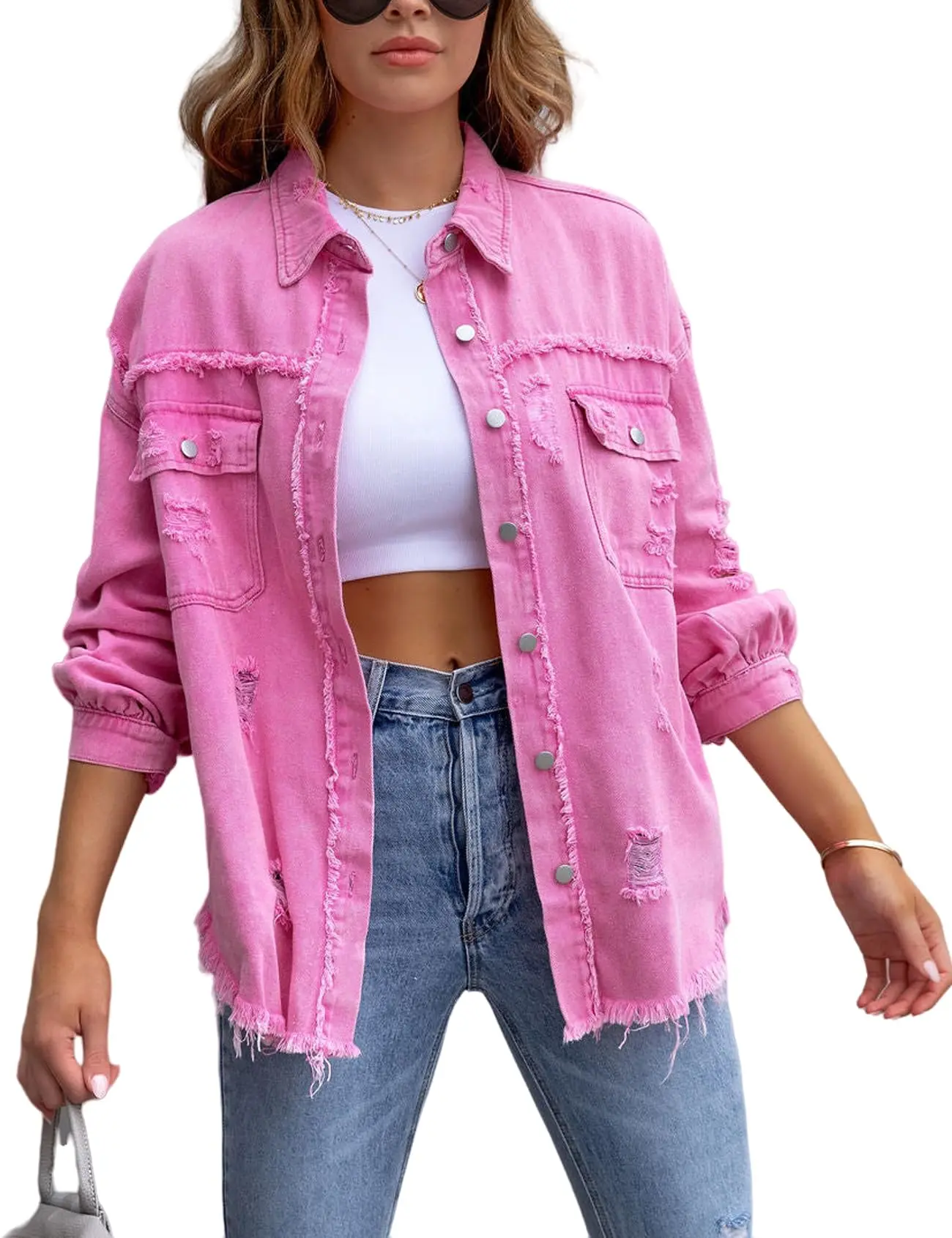Women's Casual Ripped Denim Jacket, Oversized Long Sleeve Button-Down Style, Soft Lightweight Polyester Fabric with Distressed Fringed Hem, Lady, Longsleeves, Minimalist, Pockets, Coats