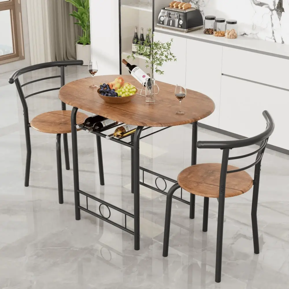 3-Piece Wooden Round Table & Chair Set, Space Saving Kitchen Breakfast Nook Wood Grain Tabletop With Metal Frame And Built-In Wine Rack For Kitchen, Dining Room