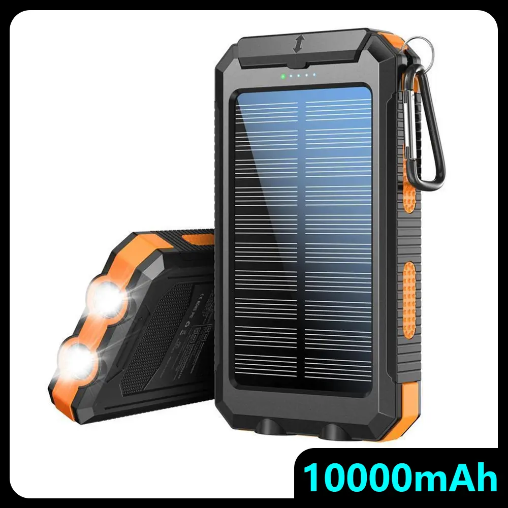 10000mAh Compact Durable Solar Power Bank, Multi-use Portable Charger with Dual USB-A Outputs, Flashlight, Compass, Carabiner, Waterproof Mobile Charging Gear for Outdoor Activities & Android Phones