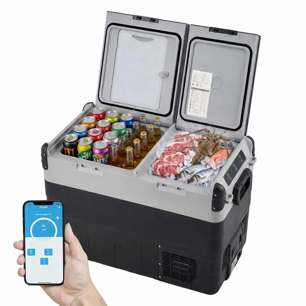 53QT Dual Zone Car Refrigerator - Portable 12V Compressor Freezer Fridge with App Control, Removable 2 Way Doors & Cutting Board for RV Camping Travel