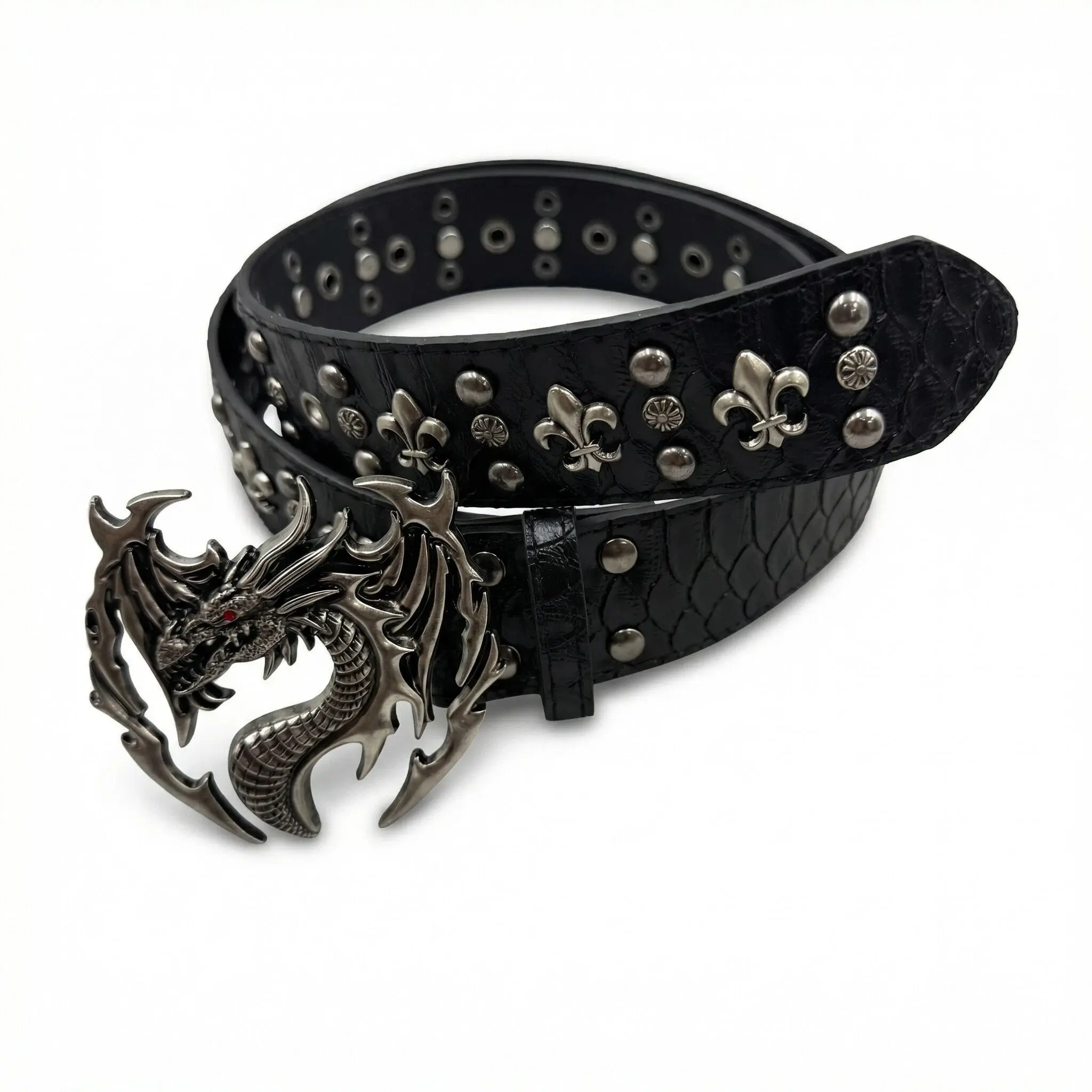 Y2k Dragon Design Studded Unisex Belt, Metal Grunge Accessory with Unique Studs and Buckle Design