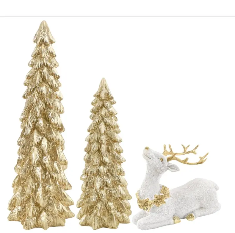 3 Pack Christmas Trees and Reindeer Figurines Decoration- 2 Glittered Christmas Tree Statues and 1 Deer Vintage Christmas Decor Set, Resin Ornaments Tabletop Shelf Office Display Stand Indoor(Gold)