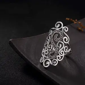 Women's S925 Sterling Silver Hollow-Out Musical Note Ring - Vintage Inspired Adjustable Open Band, Unique Accessory with Marcasite and Black Steel Stone Accents, Adjustable Open Rings, Vintage Inspired Ring