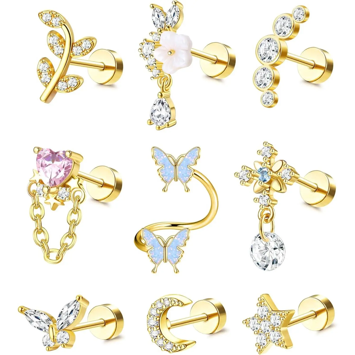 YADOCA 16G Cartilage Earrings Helix Earrings for Women Stainless Steel Helix Piercing Jewelry Leaf Butterfly CZ Studs Flat Back Cartilage Earrings Set 9Pcs