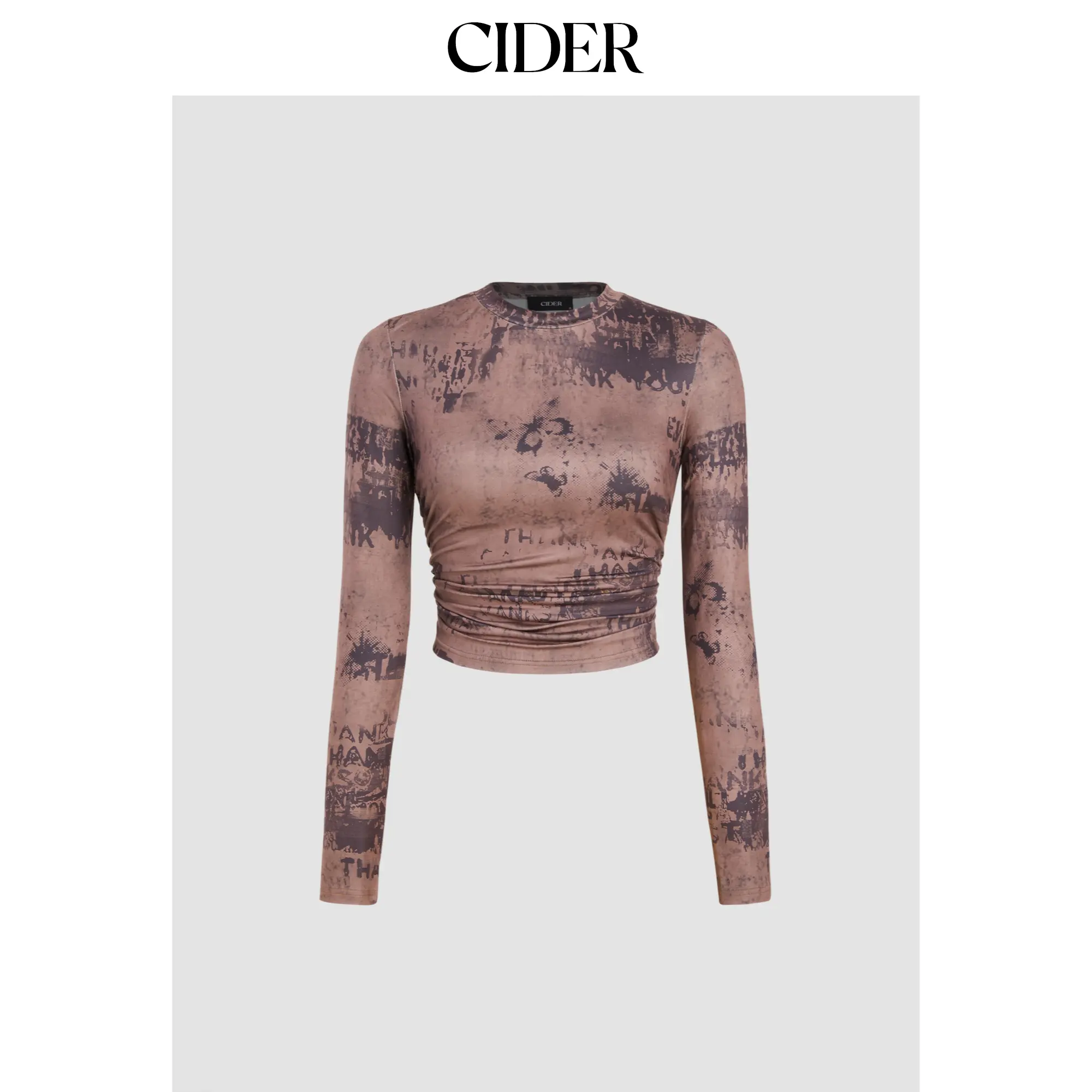 Cider [4 colors, size 2-26] Round Neck Tie Dye Ruched Long Sleeve Crop Top