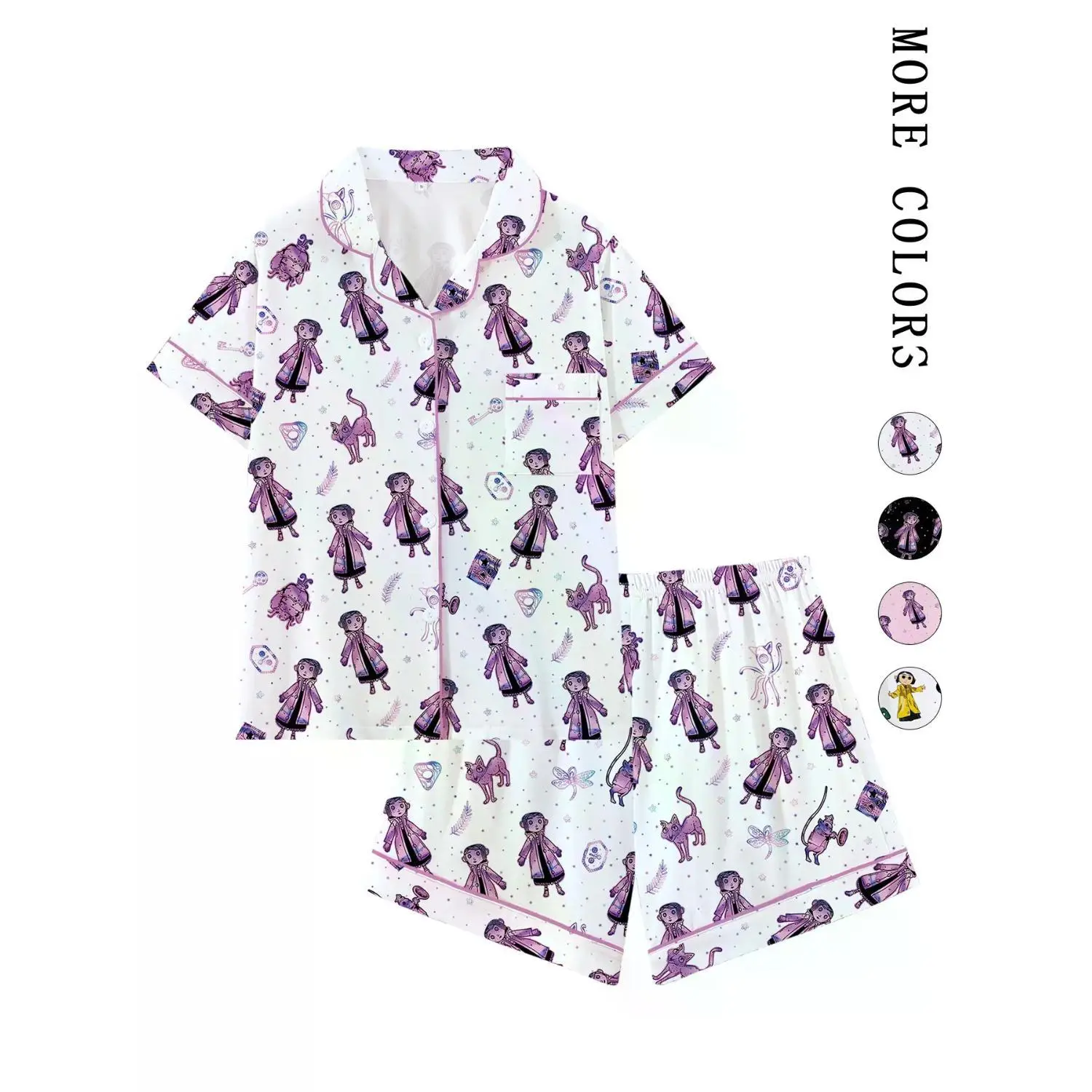 Retro Coraline Halloween Pajama Set, Cute Lapel Short Sleeve Loungewear for All Seasons, Cozy Sleepwear for Home and Outdoor, Ideal Gift for Sleepwear Enthusiasts