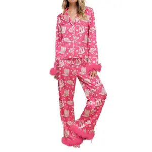 LIQUCY Women Christmas Silk Pajamas Set Santa Print Pj Satin Long Sleeve Shirts Pants Set Feather Trim Xmas Loungewear