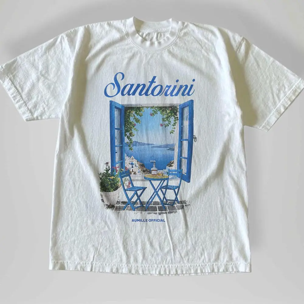 Vintage Style Santorini Greece Coastal Travel Graphic Tee, Nature Y2k Streetwear Top, 2000s Cute Gift for Mens Clothing & Women's Clothes