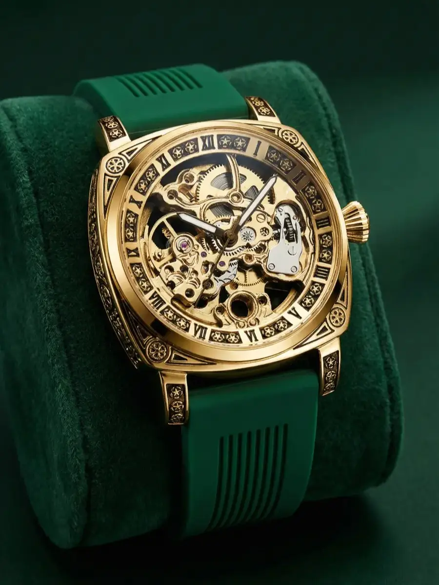 Men's Elegant Round Watch, Mechanical Style with Gold Openwork Dial, Luminous Hands, Metal Case, and Mineral Glass, Elegant Watch, Gold Dial, Analog Mechanical Watches, Exquisite Watch