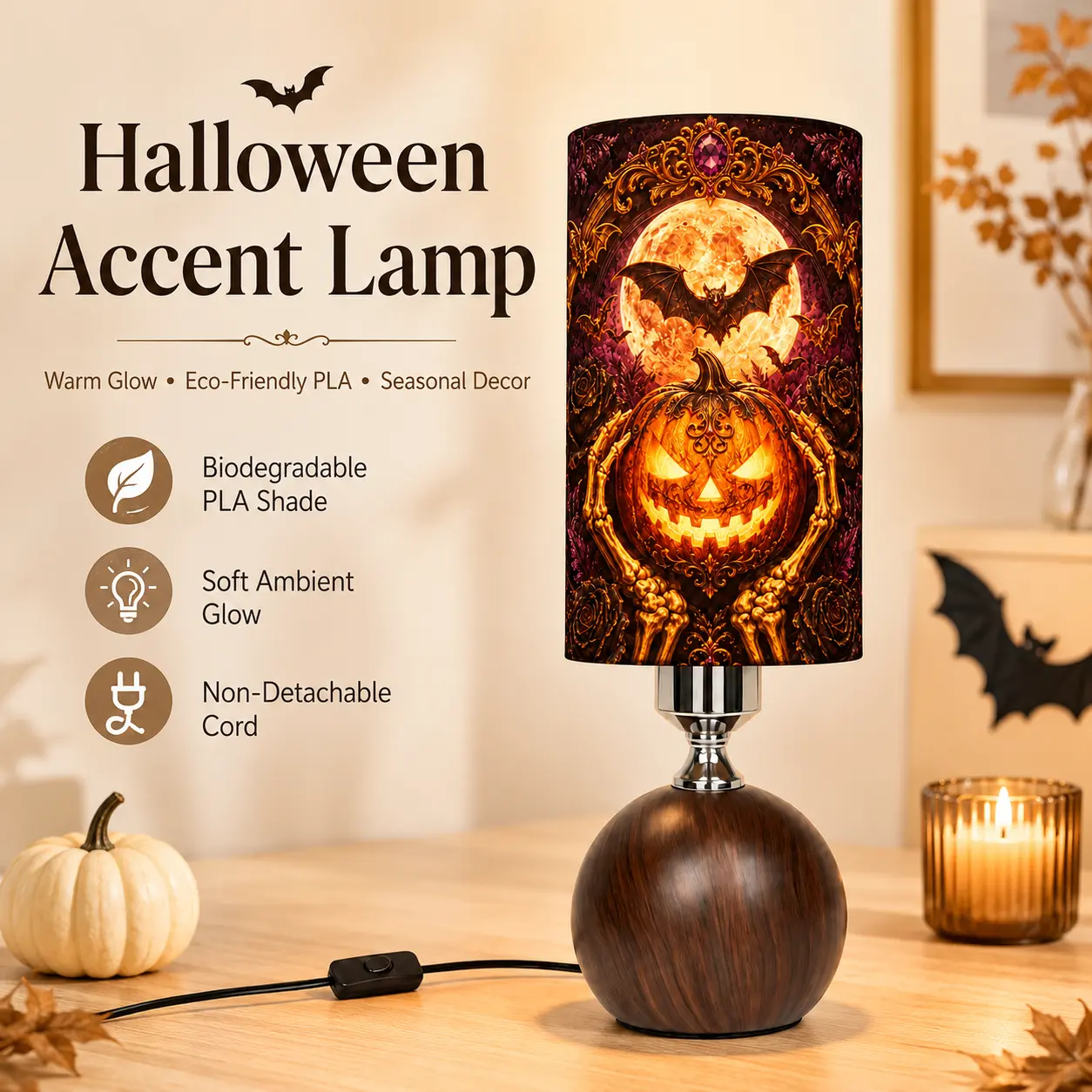 CXTVOVZSSY Halloween Skeleton Pumpkin PLA Table Lamp, USB inline button, warm light, spherical base with wood grain texture, gothic holiday decor lamp—ideal for bedroom, parties, hotels, and gifts