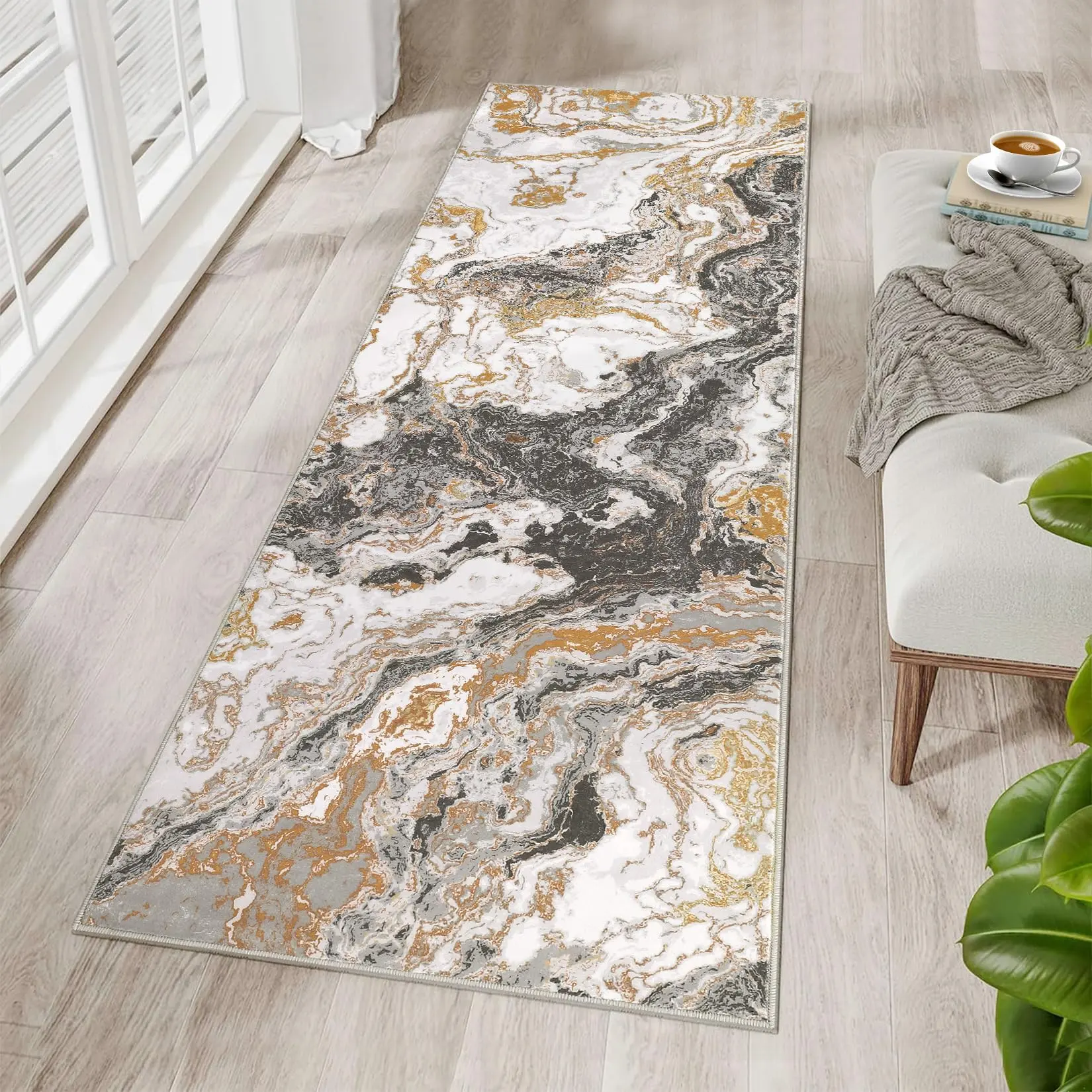GARVEE - Modern washable marble rug, abstract non-slip marble design, 2 x 6 feet bedroom entryway, gray color