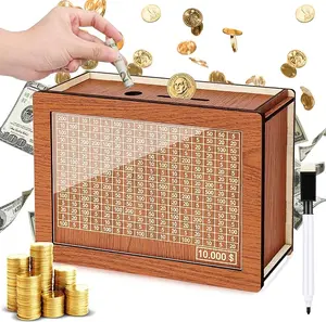 Wooden $10,000 Savings Challenge Box - Countdown Piggy Bank with Digital Tracker, Cash Savings Target Safe, Christmas Gift Envelope Set for Children, Office Stationery Safe, Safe Safes