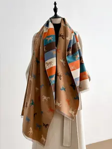 Women's Fashion Elegant Colorful Horse Pattern Scarf, Textured Blanket Scarf, Unique Design Comfortable Warm Double-Sided Shawl, Fall & Winter Daily Wear Essential Accessory with Horse Motif