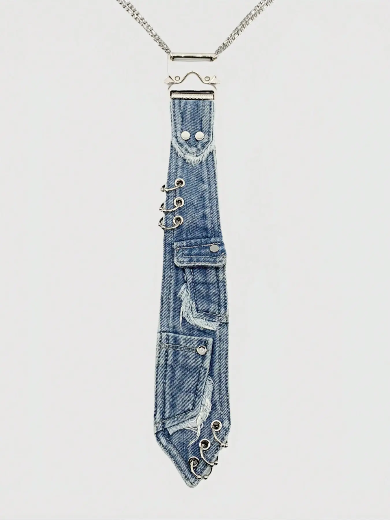 Y2K Women's Denim Bow Tie, Edgy Bow Tie, Tie Design, Metal Buckle Chain Vintage Distressed Edges, Unique Punk Style Accessory for All Seasons