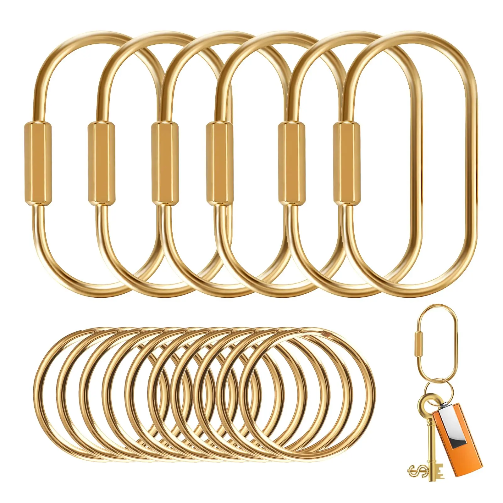Gold Brass Key Rings, 10 Pack Keychain with 10 Flat Rings Carabiner Clip, Screw Lock Keys Organizer, Purse Bag Accessories Charms Holder for Handbags, Doll, Car Keys - Medium Size