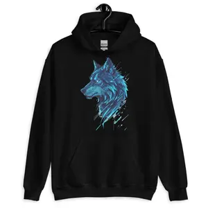 Men's electric blue wolf, predator apparel, bold digital art Graphic Hoodie - Long Sleeve Pullover Regular Fit | Soft & Breathable Fabric, Durable Print, Everyday Comfort, Machine Washable, digital graphic, tribal beast design with electric blue accents