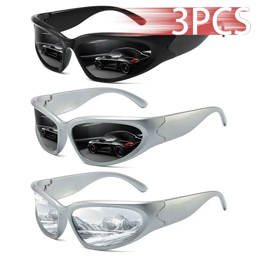 3 PCS Y2K Punk Vintage Wraparound Sunglasses Women Men Outdoor Daily Sport Eyewear UV400 Protection Curved Frame Lightweight Retro Style, Sports Outdoor Sunglasses, Glasses For Women