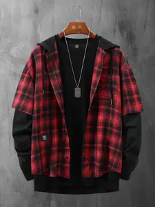 Men's Sportswear Trend Street Style Sporty Oversized Loose Plaid Faux Two-Piece Hooded Patchwork Casual Sports Jacket