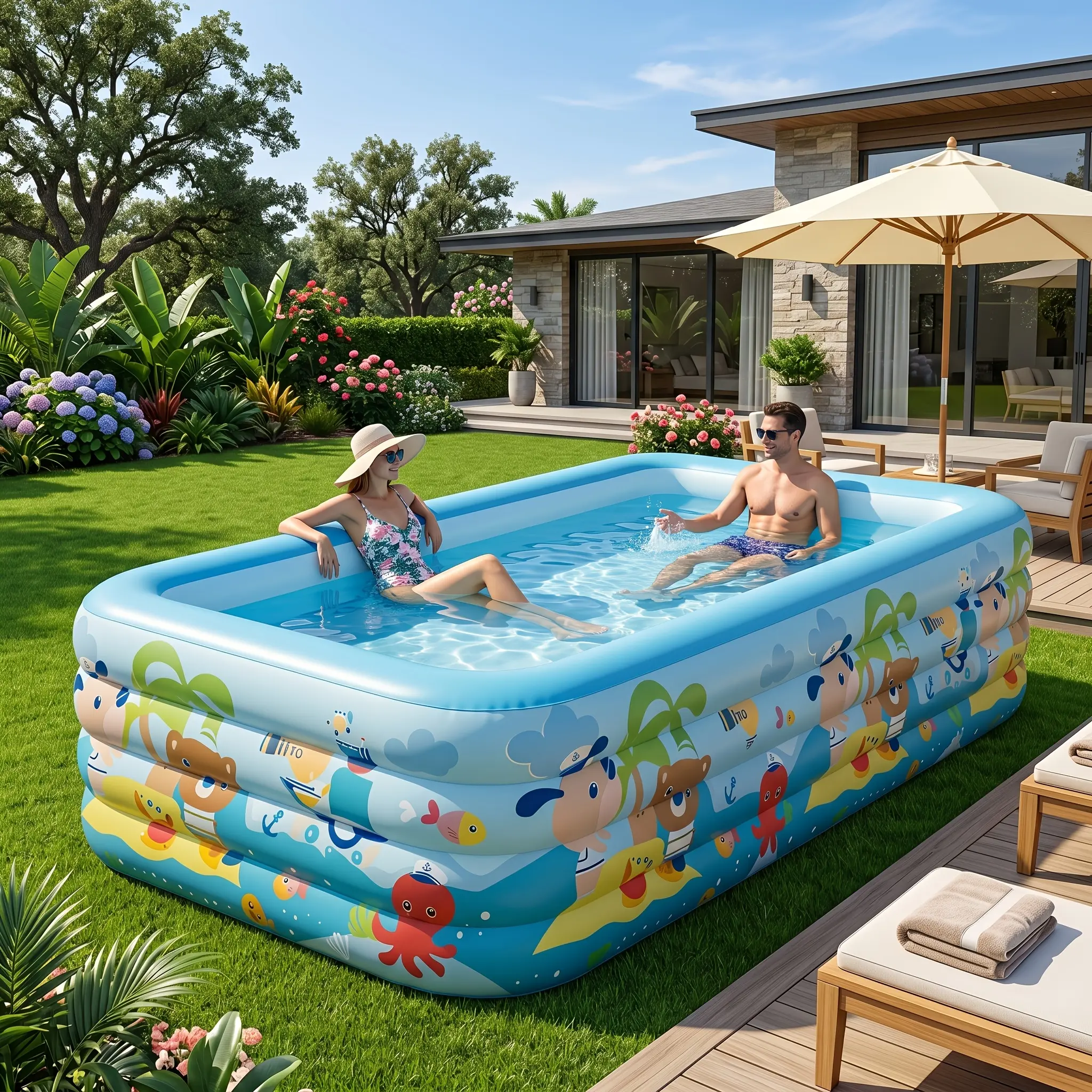 S7326607714 122in*68.89in*26.77in Extra Large Rectangular Thickened PVC Family Inflatable Swimming Pool, Perfect For SummerOutdoor Parties And Water Fun. Easy To Set Up, Wear-resistant And Leak-proof. Ideal ForGardens And Backyards