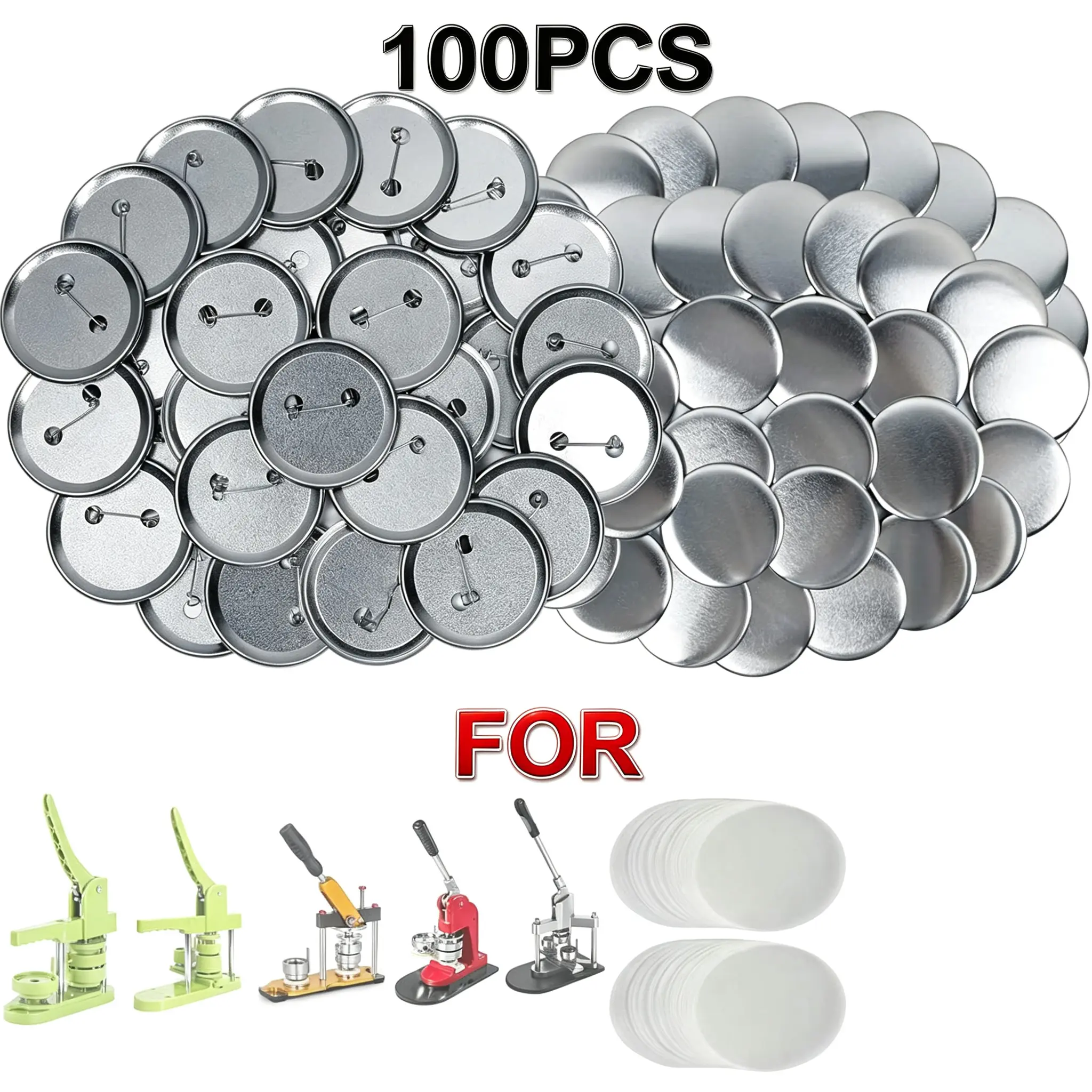 100-Set 58mm/2.28in Button Maker Button Supply Set, Metal/Plastic Barbecue Machine Accessory, Includes Metal Covers, Plastic Back Covers, Transparent Films, Blank Paper, Compatible with Cartoon Stickers, Celebrity Photos, Hand-Drawn Illustrations