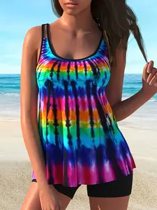 Women's Fashion Tankini Two-Piece Swimsuit, Rainbow Striped Pattern, Adjustable Shoulder Straps, Slimming Concealing Design, Tankini Bathing Suits, Striped Print Tankini