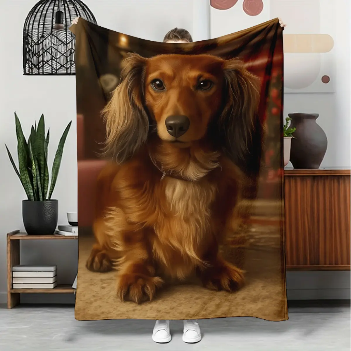 1pc Vintage-Style Full Synthetic Soft Blanket - Boho Bedding, Longhaired Dachshund & Other Patterns, Cozy Setup, Snug as a Bug in a Rug, Warm Aesthetic, All-Season Use, Napping/Camping Home/Outdoor Accessory, Infant