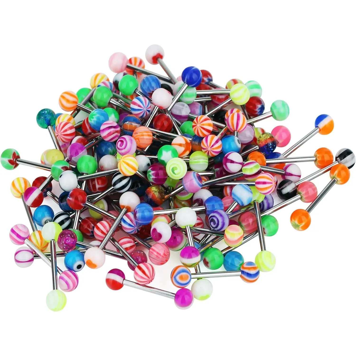 Unisex 20pcs Chic Surgical Stainless Steel Tongue Rings Set - 14G Flexible-Fit Random Mix Mouth Ring Barbells, Lightweight, Nickel-Free, Excellent Workmanship for Daily Wear