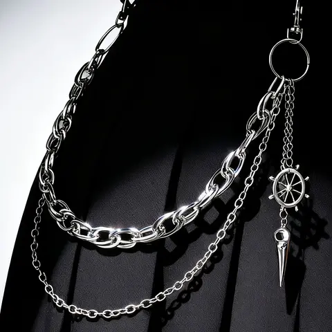 Silver Color Punk Style Bold Edgy Chain Belt Accessory, Wheel and Cone Pendant Design, Fashion Street Style Perfect Match for Skirts and Pants, Versatile Pairing, Decorative Chain Accessory