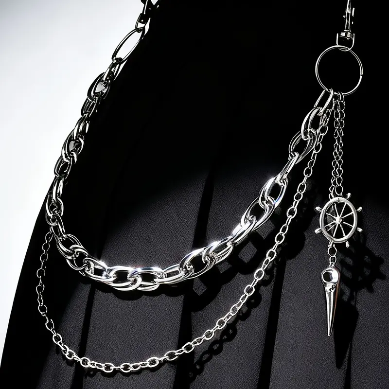 Silver Color Punk Style Bold Edgy Chain Belt Accessory, Wheel and Cone Pendant Design, Fashion Street Style Perfect Match for Skirts and Pants, Versatile Pairing, Decorative Chain Accessory