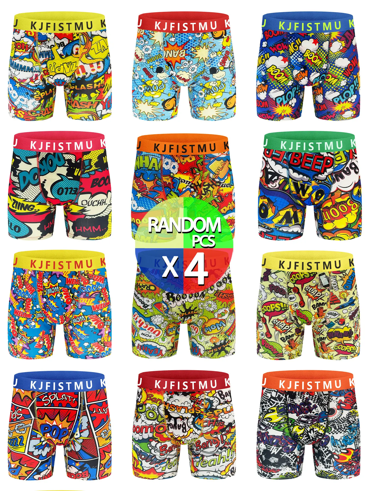 KJFISTMU Menswear 4pcs Soft Comfy Briefs - Pop-Style Colorful Waistband Athletic Layer Boyshorts, Breathable, Stretchy, Lightweight Men's Underwear