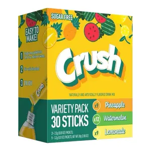 Crush Zero Sugar Drink Mix Variety Pack 30 Sticks- Pineapple, Watermelon, & Lemonade