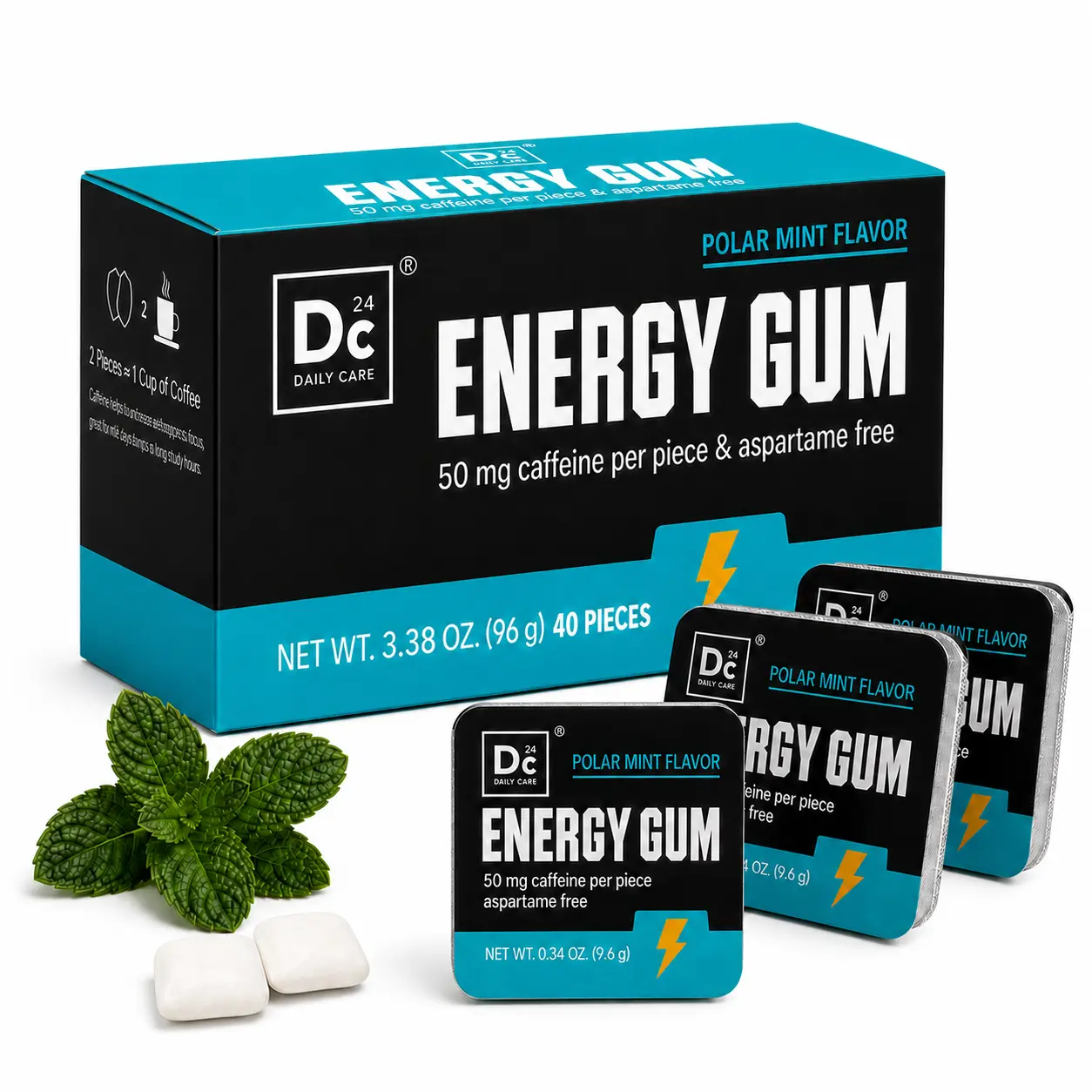 DC24 Daily Care Energy & Focus Chewing Gum for Adults, 50mg Caffeine Per Piece, Sugar-Free Polar Mint Flavor with L-Theanine & Vitamins, Breath Care Chewing & Bubble Gum, 40 Pieces