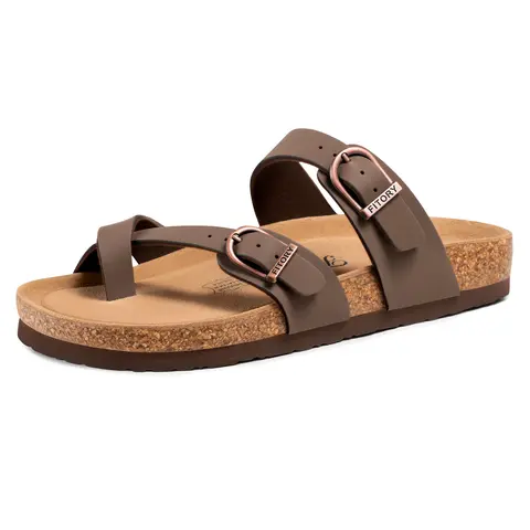 FITORY Balance II Women's Open-Toe Sandals - Brown Basic Summer Casual Shoes with Natural Soft Cork Footbed, Leather Upper, Synthetic Material, Adjustable Strap, Boho Minimalism Feminine Comfort, Shoes for Women