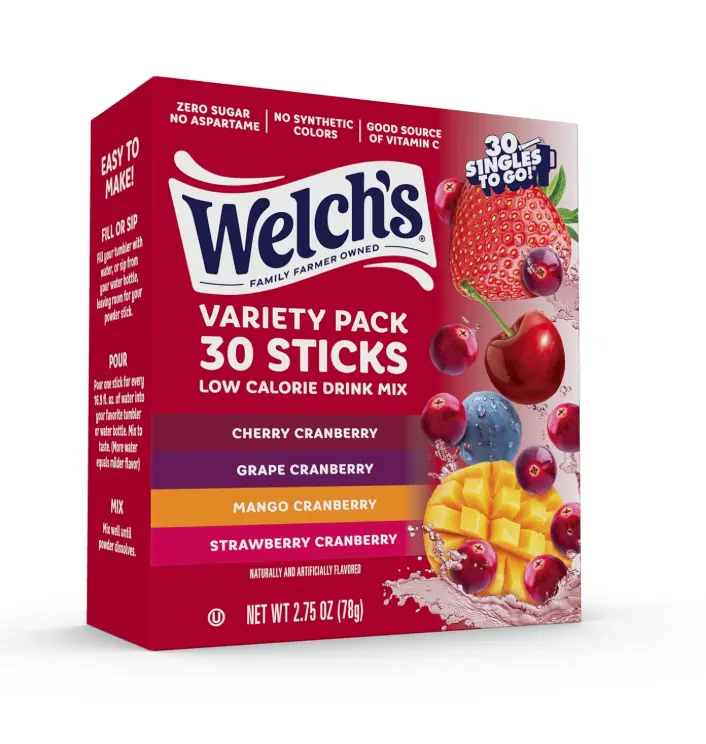 Welch’s Singles To Go! Cranberry Variety Pack Drink Mix, Sugar Free Water Flavor Packets, No Aspartame, No Artificial Dyes, Low Calorie, 4 Flavors (Grape, Mango, Strawberry, Cherry), 30 Sticks