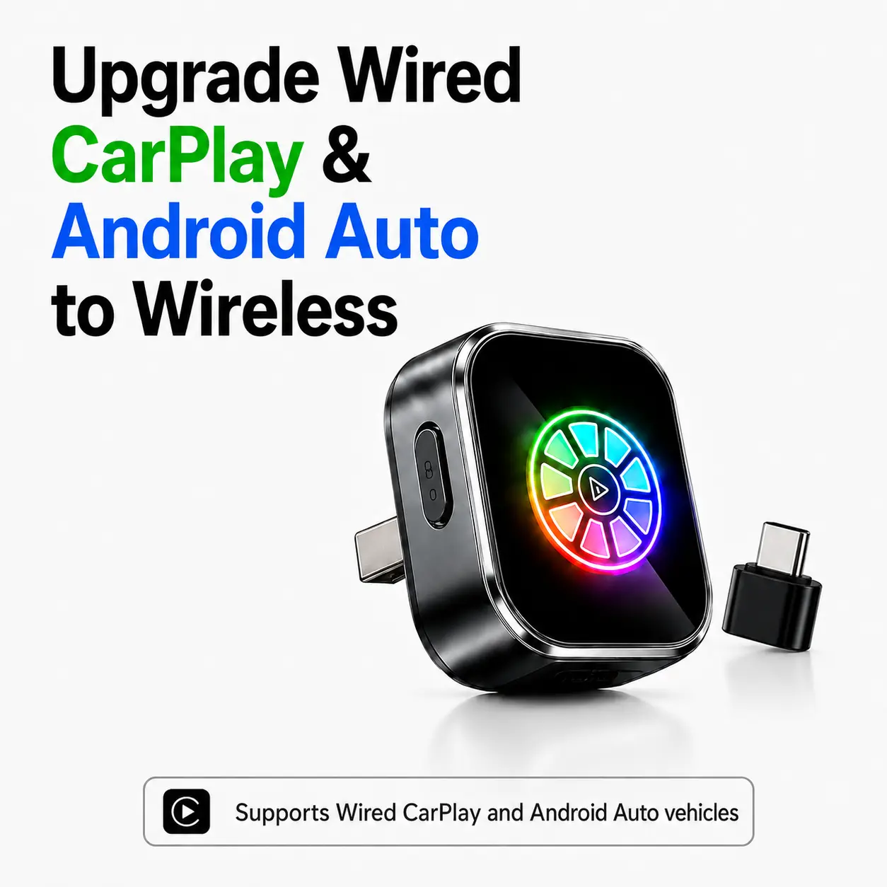 2026 New Wireless CarPlay Adapter for Cars/Motorcycles, iPhone & Android Compatible, Factory Wired to Wireless Converter, In-Car Fast Plug & Play Easy Install, 1-Touch Dual Switch, USB-A/USB-C Support, RGB Light