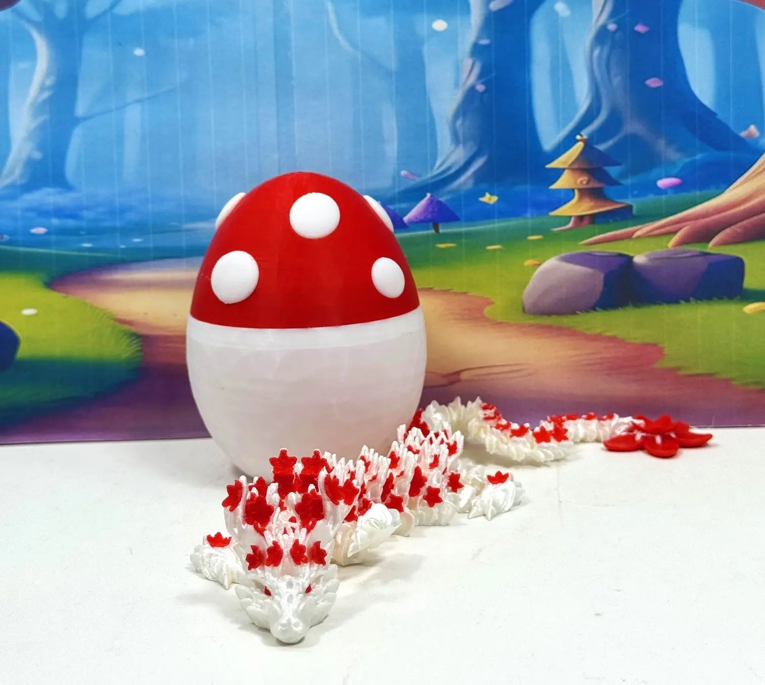 3D Printed Dragon with Egg, Articulated White and Red Cherry Blossom Dragon, 12 Inches Fidget ADHD Autism Toy D054-ME